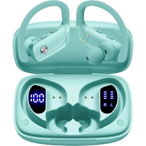 bmani Wireless Earbuds Bluetooth Headphones 48hrs Play Back Sport Earphones with LED Display Over-Ear Buds with Earhooks Built-in Mic Headset for Workout Mint Green