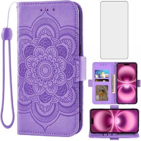 Asuwish Compatible with iPhone 16 Plus 6.7 inch Wallet Case and Tempered Glass Screen Protector Flip Credit Card Holder Stand Cell Accessories Phone Cover for i Phone16 16+ i16 + 16Plus Women Men Blue