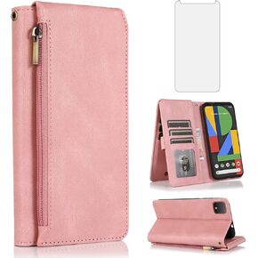 Asuwish Compatible with Google Pixel 4 Wallet Case Tempered Glass Screen Protector and Zipper Retro Leather Flip Cover Card Holder Stand Cell Accessories for Pixel4 Pixle Four Women Men Blue
