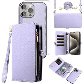 Asuwish Phone Case for iPhone 15 Pro Max 6.7 inch Zipper Wallet Detachable Cell Cover with Tempered Glass Screen Protector Strap Flip Card Holder i Phone15 15Pro i15 ProMax 15ProMax Women Girls Green