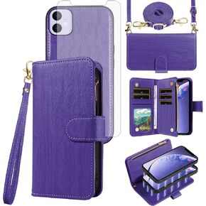 Asuwish Phone Case for iPhone 11 6.1 Zipper Wallet Detachable Cell Cover with Tempered Glass Screen Protector Crossbody Strap Card Holder iphone11case iPhone11 i Phone11 11s XI 11R Women Dark Purple