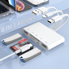 SD Card Reader for iPhone, 8-in-1 Memory Card Reader Lighting/USB/USB C to SD/TF Card USB OTG Adapter Lighting to SD Card Adapter with Charging Port for iPhone/iPad/MacBook/Samsung/PC Plug and Play