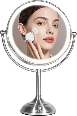 VESAUR 10" Extra Large and 17" Tall Lighted Makeup Mirror, 1X/5X Magnifying Vanity Mirror with 3 Colors Dimmable Light, 52 Premium LED Lights, 360° Rotation Table Mirror 2 Power Supply, Pearl Nickel in Saudi Arabia