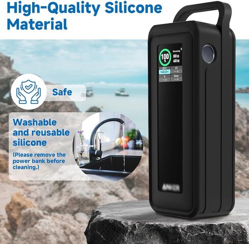 Protective Silicone Case for Anker Prime Power Bank 27,650mAh 250W - Portable with Handle & Hook Loop Strap, Anti-Slip & Shockproof Design (Black) in Kuwait