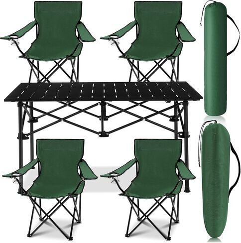 5 Pcs Summer Portable Camping Chair and Folding Camping Table Set Outdoor Oxford Fabric Folding Chair Lawn Portable Camp Table with Cup Holder Carry Bag for Travel Fishing Sport(Army Green) in Saudi Arabia