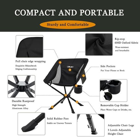Camping Chairs, Portable Folding Chair with Removable Cup Holder and Storage Bag, Lightweight Camp Chair Supports 330 Lbs, Black in Saudi Arabia