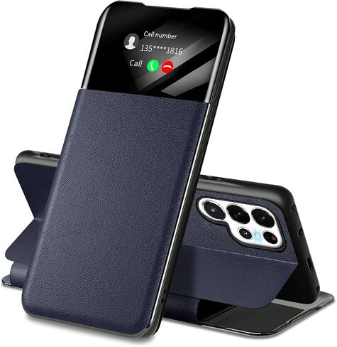 Migexxkj for Samsung Galaxy S25 Ultra Case Clear View S25 Ultra Case with Card Slot Kickstand Leather Flip Hard PC Shockproof Protective Phone Case Cover for Samsung S25 Ultra Galaxy 5G (Blue) in Saudi Arabia