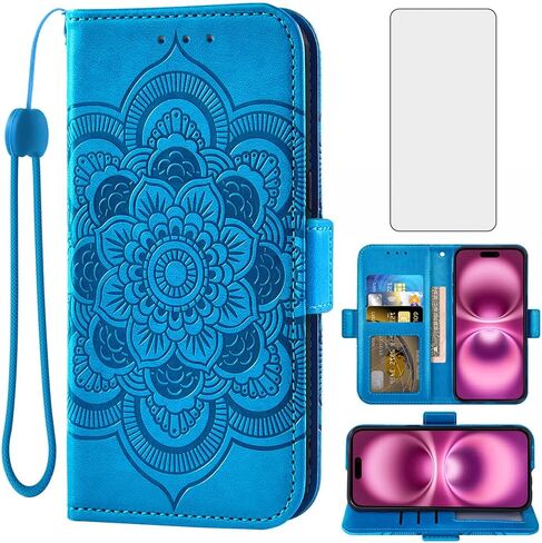 Asuwish Compatible with iPhone 16 Plus 6.7 inch Wallet Case and Tempered Glass Screen Protector Flip Credit Card Holder Stand Cell Accessories Phone Cover for i Phone16 16+ i16 + 16Plus Women Men Blue in Kuwait