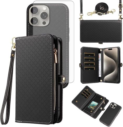 Asuwish Phone Case for iPhone 15 Pro Max 6.7 inch Zipper Wallet Detachable Cell Cover with Tempered Glass Screen Protector Strap Flip Card Holder i Phone15 15Pro i15 ProMax 15ProMax Women Girls Green in Saudi Arabia