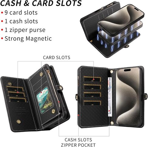Asuwish Phone Case for iPhone 15 Pro Max 6.7 inch Zipper Wallet Detachable Cell Cover with Tempered Glass Screen Protector Strap Flip Card Holder i Phone15 15Pro i15 ProMax 15ProMax Women Girls Green in Saudi Arabia
