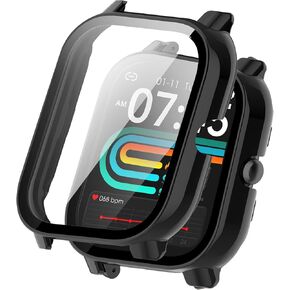 for Nerunsa P66D Smart Watch Case,Hard PC Screen Protector,9H Tempered Glass Ultra-Thin Full-Coverage Shockproof Bumper,Black
