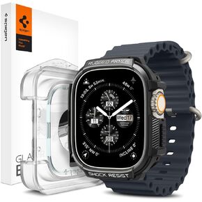 Spigen Tempered Glass Screen Protector [GlasTR EZ FIT] and Rugged Armor Case Designed for Apple Watch Ultra 2 / Apple Watch Ultra 49mm