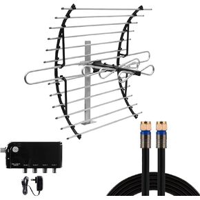 GE Amplified Attic TV Antenna, Long Range Digital HDTV 4K 1080P VHF UHF, Out of Sight Compact Design, Includes 50 ft. Quad Shield Coax Cable, 4-Way Amplifier Signal Splitter 50 – 1006MHz