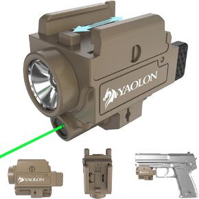 800 Lumens Green Laser and Gun Light Combo, Compact Rechargeable Weapon Light for Handgun, Quick Release Strobe Green Beams with a Rail, Built-in Batter (Desert Tan)