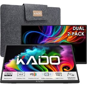 Kado Dual Portable Monitor Setup - 2-Pack 15.6" 1080p IPS Triple Monitor Extender for Laptop, 1920x1080 HDMI USB-C 180° Kickstand Built-in Speakers, Stacked Desktop Setup Office Gaming Daytrading