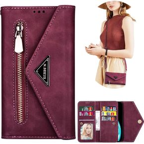 CCSamll Wallet Case for Xiaomi Redmi Note 11 4G, Shoulder Crossbody Purse Handbag Neck Strap Lanyard Cover with ID Card Holder Phone Case for Xiaomi Redmi Note 11s 4G/Redmi Note 11 4g XK Wine