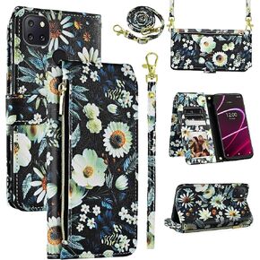 Wallet Case for T-Mobile Revvl 5G With Wrist Strap Shoulder Strap, 9+ Card Slots Zipper Floral PU Leather Stand Cell Phone Cover for Tmobile Revvl5G T Mobile TCL Revel G5 T790W Women Men Black