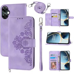 Wallet Case for OnePlus Nord N30 5G/CE 3 Lite with Wrist Strap Crossbody Shoulder Strap, Embossed Leather Flip Credit Cell Phone Cover for Oppo K11x/One Plus 1 1+ N 30/CE3 Women Girls Purple
