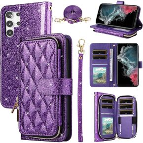 Wallet Case for Samsung Galaxy S25 Ultra 5G with Wrist Strap Crossbody Shoulder Strap Card Holder Zipper Purse Stand Cell Accessories Phone Cover for S25Ultra 25S S 245 25Ultra Girls Pink