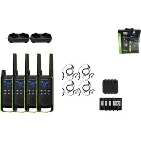 Motorola Solutions Talkabout T803 FRS Two Way Radio 4 Pack Walkie Talkies Green/Black 22 Channels 2 Dual Charging Tray 4 PTT Earpieces