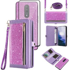 Asuwish Phone Case for OnePlus 7 Pro Zipper Wallet Cell Cover with Screen Protector Strap Bling Glitter Flip Card Holder OnePlus7Pro 5G One Plus 1+7 1Plus OnePlus7 7Pro One+ 1 + Seven Women Men Black