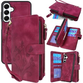 Lacass Case Wallet for Samsung Galaxy A16 5G, [12 Card Slots] ID Credit Cash Holder Zipper Pocket Detachable Leather Wallet Cover with Wrist Strap Lanyard（Floral Blue Green） in Saudi Arabia