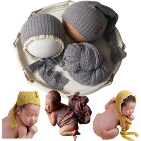 Zeroest Stretch Newborn Photography Wraps for Baby Boys & Girls, Newborn Baby Photo Photoshoot Posing Wrap Hat Bonnet 3Pcs