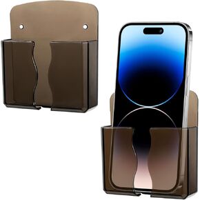 2Pcs Wall Mount Phone Holder Transparent Black Wall Phone Holder for Bed Self Adhesive Cell Phone Wall Holder with Charging Hole for Most Cell Phone, Bedside Remote Control Stand