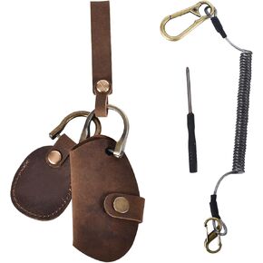 Genuine Leather Keychain with Apple Airtag Holder, Retractable Car Key Chains with Wristlet Lanyard