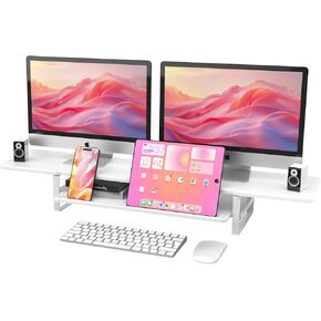 Dual Monitor Stand, 2 Tier Wood Monitor Riser with Pad, Phone Holder, Storage Organizer, Cable Management, White