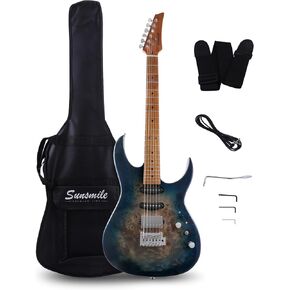 Electric Guitar Full Size with Engraved Surface Mahogany Body Roast Maple Neck and Fingerboard Bolt-on Construction Gold Hardware with Gig Bag Cable and Strap.