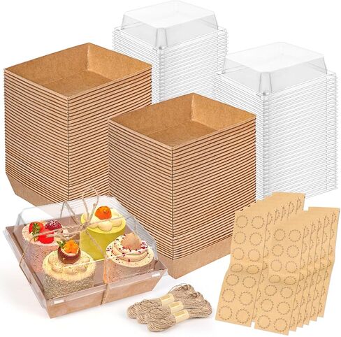 30 Pack Small Charcuterie Boxes with Clear Lids, 5.5" x 5.1" x 2.5" Paper Disposable Food Containers, Kraft Bakery Dessert Boxes with Forks for Sandwich, Cake Slice, Snacks, Strawberries (Brown) in Saudi Arabia