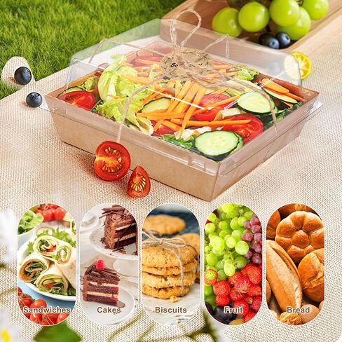 30 Pack Small Charcuterie Boxes with Clear Lids, 5.5" x 5.1" x 2.5" Paper Disposable Food Containers, Kraft Bakery Dessert Boxes with Forks for Sandwich, Cake Slice, Snacks, Strawberries (Brown) in Saudi Arabia