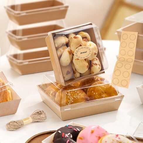 30 Pack Small Charcuterie Boxes with Clear Lids, 5.5" x 5.1" x 2.5" Paper Disposable Food Containers, Kraft Bakery Dessert Boxes with Forks for Sandwich, Cake Slice, Snacks, Strawberries (Brown) in Saudi Arabia