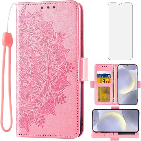 Asuwish Phone Case for Samsung Galaxy S24 Plus/S25 Plus S24+ S25+ 5G Wallet Cover Tempered Glass Screen Protector Credit Card Holder Flip Wrist Strap Stand Cell Accessories S 24 25 + Women Rose Gold in Saudi Arabia