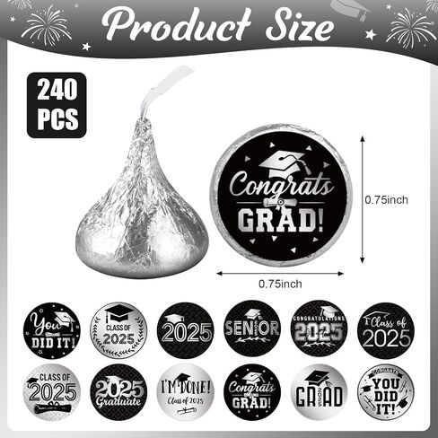 240Pcs Class of 2025 Graduation Stickers,Congrats Party Favors Chocolate Sticker Candy Labels for 2025 Senior High School College Graduation Supplies and Decorations (Black and Silver) in Kuwait