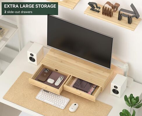 Bamboo Monitor Stand with Drawer - Desk Organizer with Cable Management & Storage, Ergonomic Laptop Riser for Home Office (220lbs Capacity, 24 inch ,Natural) in Kuwait