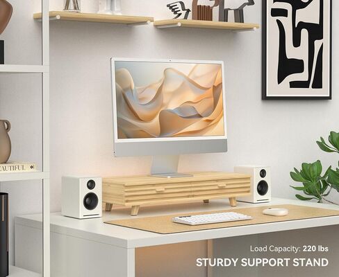 Bamboo Monitor Stand with Drawer - Desk Organizer with Cable Management & Storage, Ergonomic Laptop Riser for Home Office (220lbs Capacity, 24 inch ,Natural) in Kuwait