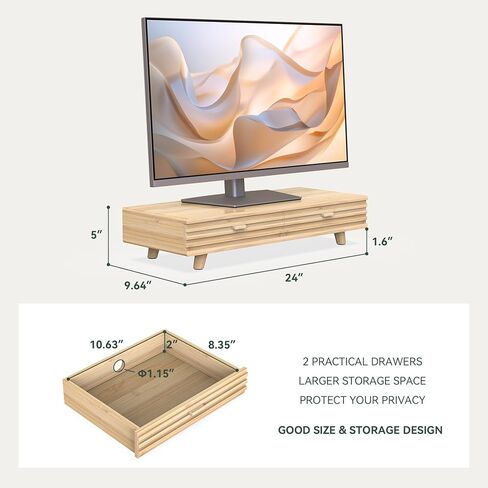 Bamboo Monitor Stand with Drawer - Desk Organizer with Cable Management & Storage, Ergonomic Laptop Riser for Home Office (220lbs Capacity, 24 inch ,Natural) in Kuwait