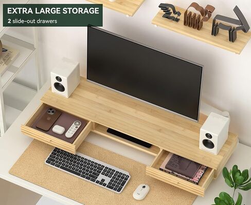 Bamboo Monitor Stand with Drawer - Desk Organizer with Cable Management & Storage, Ergonomic Laptop Riser for Home Office (220lbs Capacity, 24 inch ,Natural) in Kuwait