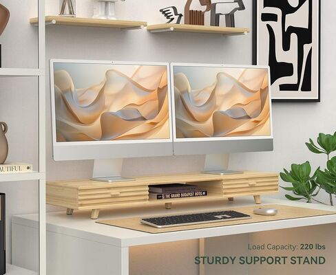 Bamboo Monitor Stand with Drawer - Desk Organizer with Cable Management & Storage, Ergonomic Laptop Riser for Home Office (220lbs Capacity, 24 inch ,Natural) in Kuwait