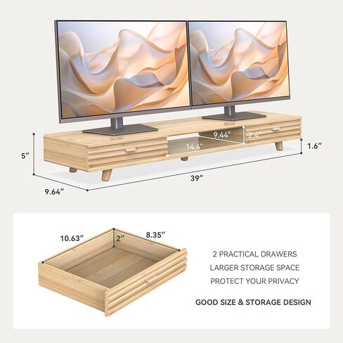 Bamboo Monitor Stand with Drawer - Desk Organizer with Cable Management & Storage, Ergonomic Laptop Riser for Home Office (220lbs Capacity, 24 inch ,Natural) in Kuwait