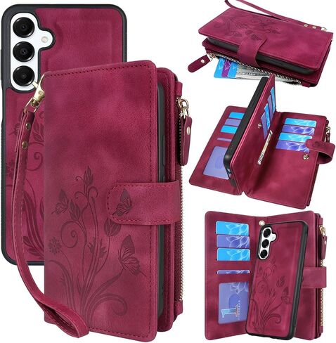 Lacass Case Wallet for Samsung Galaxy A16 5G, [12 Card Slots] ID Credit Cash Holder Zipper Pocket Detachable Leather Wallet Cover with Wrist Strap Lanyard（Floral Blue Green） in Saudi Arabia