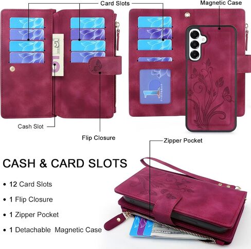 Lacass Case Wallet for Samsung Galaxy A16 5G, [12 Card Slots] ID Credit Cash Holder Zipper Pocket Detachable Leather Wallet Cover with Wrist Strap Lanyard（Floral Blue Green） in Saudi Arabia