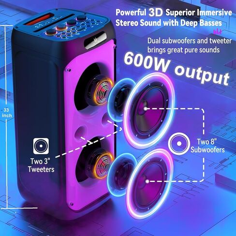 Karaoke Machine, 33" Big Bluetooth Party Speaker with 500W Peak Power, Wireless DJ PA Speaker with Subwoofers, Disco Lights & 2 Karaoke Microphones for Outdoor Home Party, Support USB/AUX/REC/TWS in Saudi Arabia