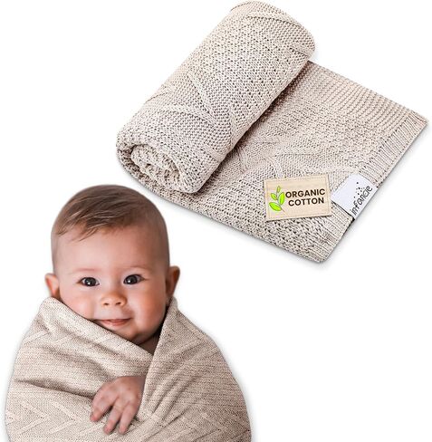Ultra-Soft Organic Cotton Knit Baby Blanket - Ideal Swaddle Blanket for Soothing Newborns, Breathable & Gentle, Perfect for Boys & Girls, 31.5 x 43.3 inches (Beige) in Kuwait