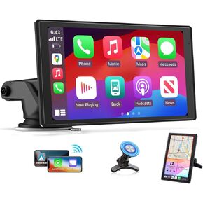 7'' HD Carplay Screen for Car w Landscape & Portrait Modes Magnetic Apple Carplay & Android Auto Screen Wireless Apple Car Play Screen with OTA Navigation Superlink Bluetooth Music
