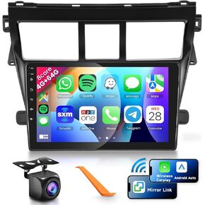 8 CORE 4G+64G Car Radio Stereo for Toyota Yaris Vios 2007-2012 with Wireless CarPlay/Android Auto, 9 Inch 1280 * 720P IPS Touch Screen Android 13 GPS WiFi Bluetooth 32-Band DSP HD Backup Camera