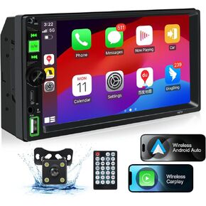 Double Din Car Stereo with Type-C Changer Wireless Car Stereo Compatable with Apple CarPlay&Android Auto,7in IPS Touchscreen with Bluetooth,MirrorLink Backup Camera, SWC FM/AM Car Radio Receiver
