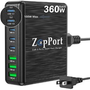 360W USB C Charging Station | 8 Ports Fast Charger Block | PD 100W | GaN Charger Block for Multiple Devices, Charging Hub for Laptop MacBook Pro/Air/iPad Pro/iPhone